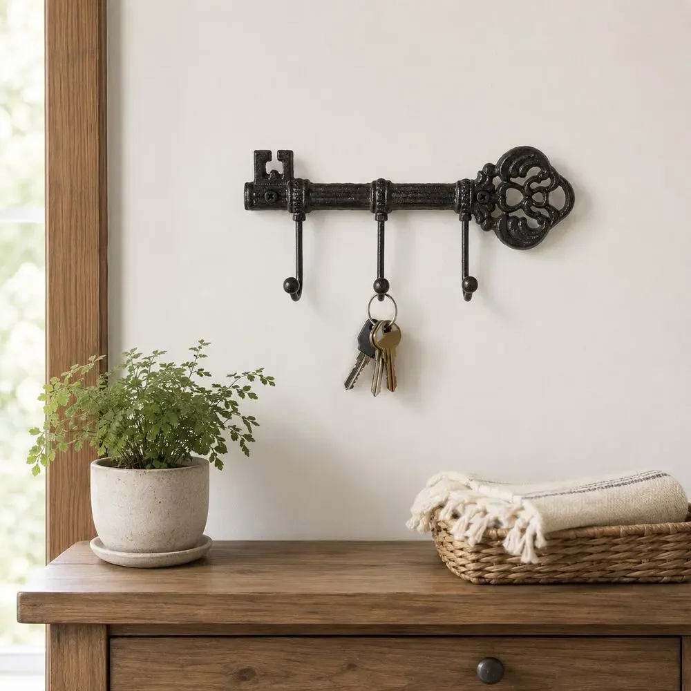 Cast Iron Skeleton Key Wall Hook Rack 3 Hooks Rustic Entryway Decor